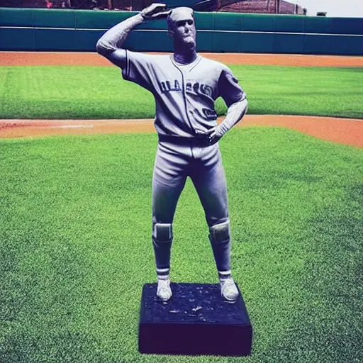 Image similar to “a realistic detailed photo of a guy who is an attractive humanoid who is half robot and half humanoid, who is a male android, baseball player Mike Trout, shiny skin, posing like a statue, blank stare, on the baseball field, on display”