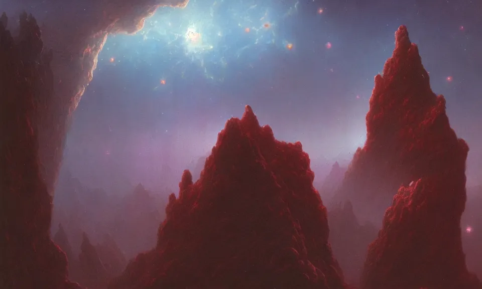 Prompt: A highly detailed 4K fantasy matte painting of a nebula in the sky mountains, zdzislaw beksinski, ArtStation, CGSociety, Unreal Engine