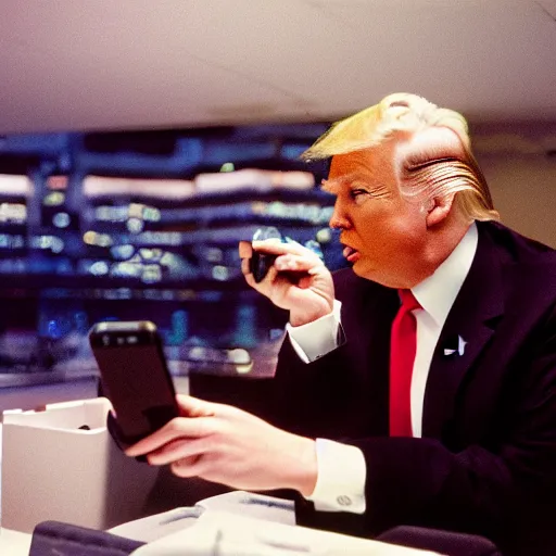 Prompt: photo donald trump using his iphone, cinestill, 800t, 35mm, full-HD