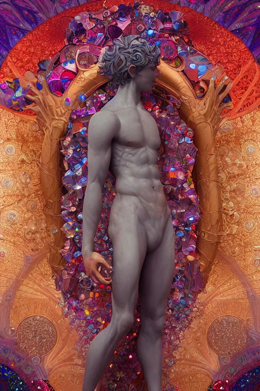 Prompt: a stunning rendition of full-body male sculpture made of fractal gems, fractal crystals, very intricate, hyper realistic, octane render, very colorful, vibrant, cinematic, amazing details, by james jean, by alphonse mucha, by ross tran