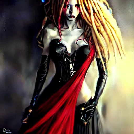 Prompt: photography flawless beautiful psychopathic female with blonde and red dreadlocks in a black ballgown, dark, piercing eyes, exotic expression, esoteric clothing, photorealistic, highly detailed, mysterious lighting, artstation, smooth, sharp focus, art by artgerm, greg rutkowski and luis royo