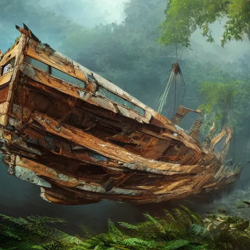 Prompt: Wrecked wooden ship on the top of jungle trees, 8k, detailed, concept art, trending on artstation