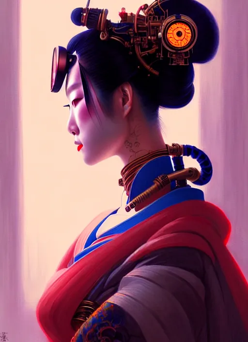 Prompt: beautiful japanese geisha wearing vr eyepiece, robotic, android, cyborg, cyberpunk face, steampunk, fantasy, intricate, elegant, highly detailed, colorful, vivid color, digital painting, cinematic lighting, artstation, concept art, art by artgerm and greg rutkowski and ruan jia,