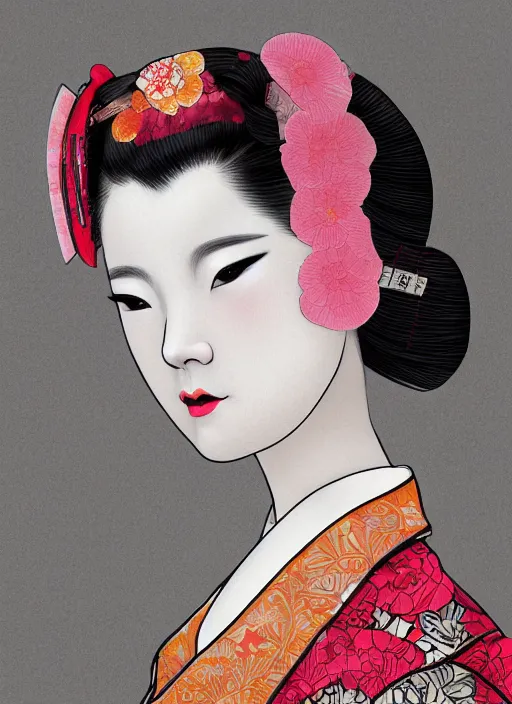 Image similar to female geisha girl, beautiful face, rule of thirds, intricate outfit, spotlight, colourful, by leng jun, digital painting