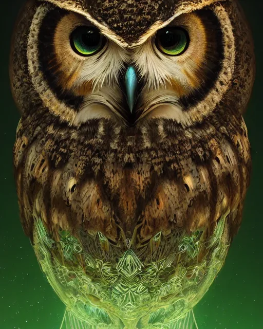 Prompt: portrait of an owl made out of emerald. intricate artwork, by tooth wu, wlop, beeple, dan mumford concept art, octane render, trending on artstation, greg rutkowski very coherent symmetrical artwork cinematic, key art, hyper realism, high detail, octane render, 8 k, iridescent accents