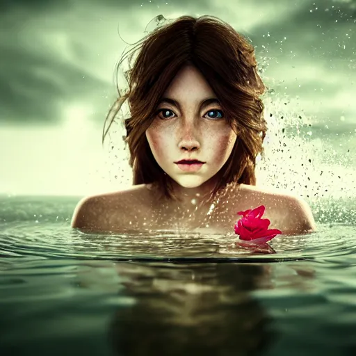 Image similar to epic portrait of a girl floating in water with only her face and some hair visible, surrounded by loose petals, beautiful, unreal engine, high detail