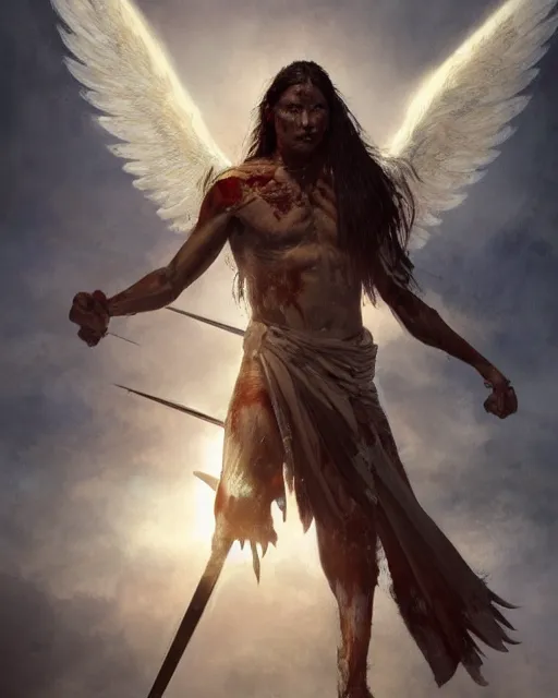 Prompt: an indigenous warrior with angelic wings, by tsuyoshi nagano, by greg rutkowski, dramatic lighting, blood, god rays, angelical