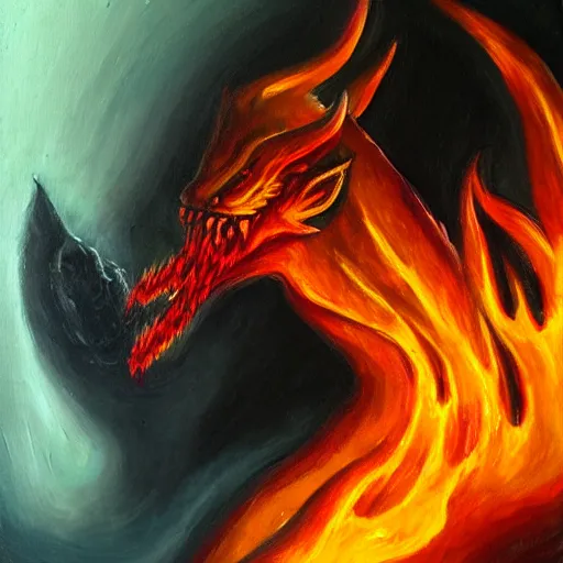 Image similar to fire demon eat human, oil painting