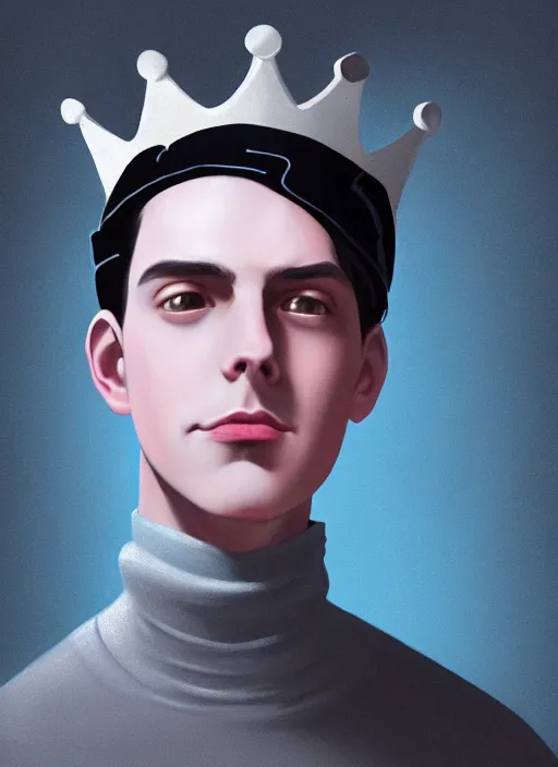 Image similar to portrait of teenage jughead jones wearing a light grey crown, crown, blue turtleneck, 1 9 5 0 s, closed eyes, photorealistic, black hair, glowing lighting, intricate, elegant, glowing lights, highly detailed, digital painting, artstation, concept art, smooth, sharp focus, illustration, art by wlop, mars ravelo and greg rutkowski