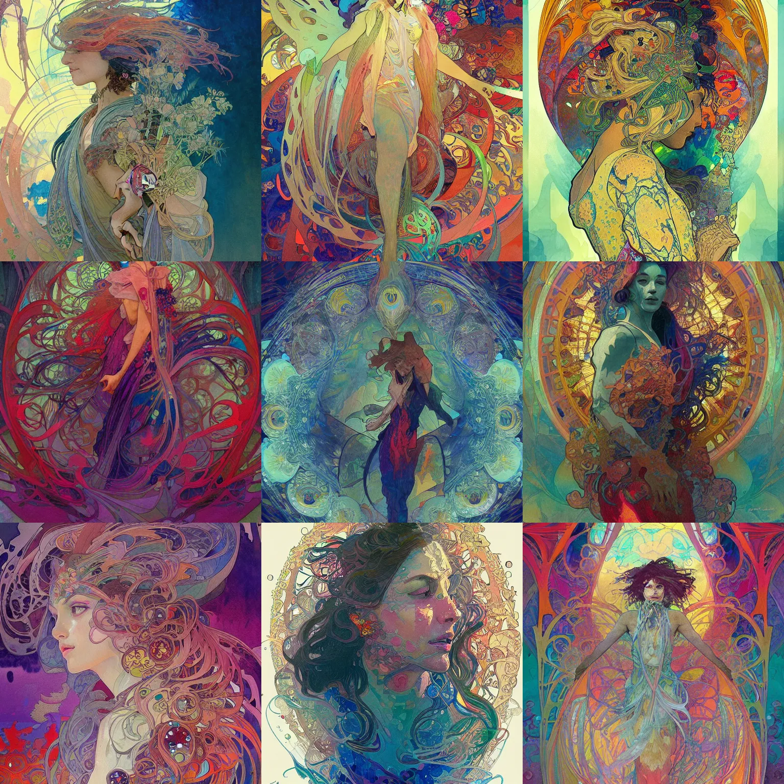 Prompt: an watercolor painting splashes with many colors and shapes by john backderf greg rutkowski and alphonse mucha, polycount, generative art, psychedelic, fractalism, glitch art