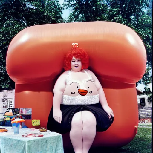 Prompt: 1976 glamorous chubby woman wearing an inflatable smiley head, wearing a dress, in a small village full of inflatable animals, 1976 French film archival footage technicolor film expired film 16mm Fellini new wave John Waters Russ Meyer movie still