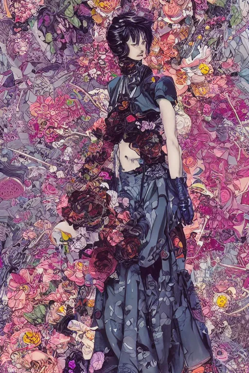 Image similar to cyberpunk fashion model wrapped in flowers and wired, vintage style, by yoichi hatakenaka, masamune shirow, josan gonzales and dan mumford, ayami kojima, takato yamamoto, barclay shaw, karol bak, yukito kishiro