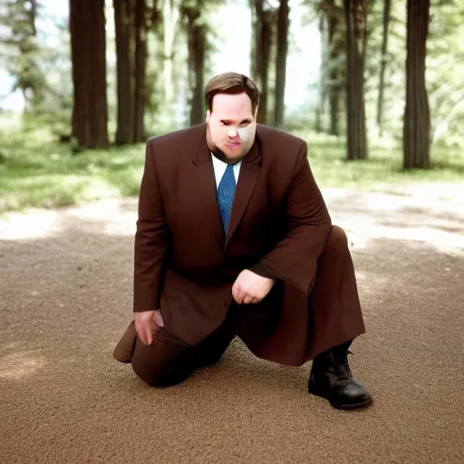 Image similar to Andy Richter wearing a brown suit and necktie kneeling on the ground on both knees with a pleading look on his face.