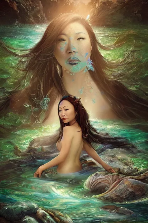 Image similar to a beautiful portrait of ming - na wen as a mermaid in a river of the amazon, ayahuasca, fantasy art, highly detailed, matte painting, visionary art