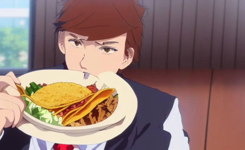 Image similar to beautiful makoto shinkai anime style digital film still portrait of donald trump eating a taco bowl, 4 k, 8 k, hd, high resolution, highly detailed, intricate detail, ultra realistic faces, digital art, trending on artstation, your name, weathering with you