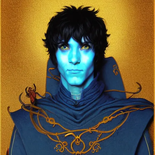 Image similar to half length portrait of a medieval fantasy sorcerer, a male anthropomorphic nerdy blue dragon with electrcity magic, fantasy, d & d, high details, art by ( ( ( kuvshinov ilya ) ) ) and wayne barlowe and gustav klimt and artgerm and wlop and william - adolphe bouguereau