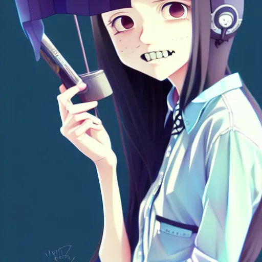 Image similar to urban school girl in shirt fanart, dark blue long hair, muted colors, matte print, pastel colors, ornate, digital art, cute smile, digital painting, fan art, elegant, pixiv, by Ilya Kuvshinov, by Studio Ghibli