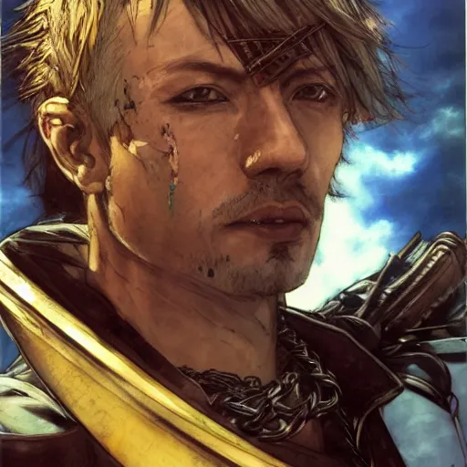 Prompt: portrait of a hero holding his sword in front of his face by yoji shinkawa, high quality, extra details, realism, ornate, colored, golden chain, blood, white skin, short hair, brown eyes, vivid, sunlight, dynamic, american man, freedom