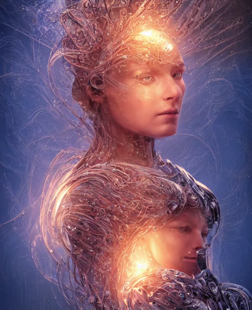 Image similar to epic medieval futuristic close-up macro portrait of the face of a beautiful princess, epic angle and pose, symmetrical artwork, 3d with depth of field, blurred background, cybernetic jellyfish female face skull phoenix bird, translucent, nautilus, energy flows of water and fire. a highly detailed epic cinematic concept art CG render. made in Maya, Blender and Photoshop, octane render, excellent composition, cinematic dystopian brutalist atmosphere, dynamic dramatic cinematic lighting, aesthetic, very inspirational, arthouse. y Greg Rutkowski, Ilya Kuvshinov, WLOP, Stanley Artgerm Lau, Ruan Jia and Fenghua Zhong