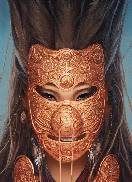 Image similar to a beautiful detailed oil on copper art illustration of a japanese hyottoko mask woman, centered, by charlie bowater, zeng fanzh, trending on artstation, dim dusk lighting, cinematic lighting, detailed lighting, volumetric lighting, realistic, f 8, 4 k hd wallpaper