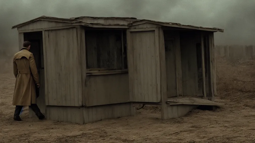 Image similar to a man in a trench coat walks into a shack, old technology lines the walls, film still from the movie directed by Denis Villeneuve, wide lens