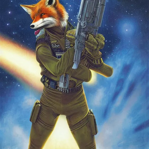 Prompt: an action portrait of fox mccloud holding a blaster, suspenseful, heroic, by peter elson