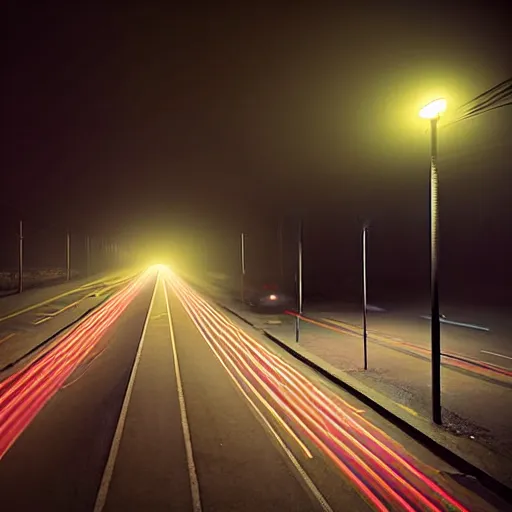 Image similar to A stunningly beautiful award-winning down angle 8K high angle cinematic movie photograph of a dark foggy main intersection in an abandoned 1950s small town at night, by David Fincher and Darius Khonji, cinematic lighting, perfect composition, moody low key volumetric light. Color palette from Seven, greens yellows and reds. 2 point perspective, high angle from 15 feet off the ground. Octane render