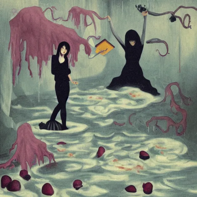 Image similar to tall female emo artist holding berry pancakes in her flooded apartment, pomegranates, octopus, water gushing from ceiling, painting of flood waters inside an artist's apartment, a river flooding indoors, mushrooms, ikebana, zen, rapids, waterfall, black swans, canoe, berries, acrylic on canvas, surrealist, by magritte and monet