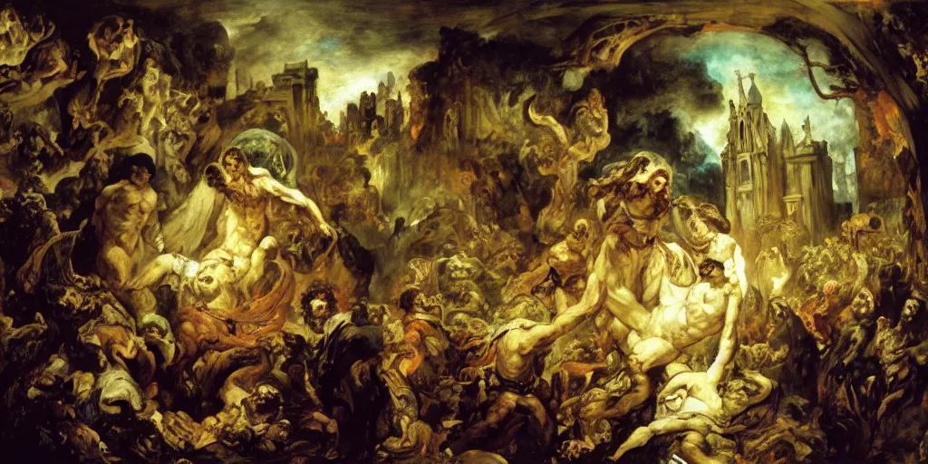 Prompt: chapel of unspeakable beauties and wonders, by Eugène Delacroix and Francis Bacon and Micheal Whelan, Hieronymus Boch, artistic, intricate drawing, light brazen, realistic fantasy, beautiful faces aesthetic, establishing shot, 8k resolution, dramatic lighting