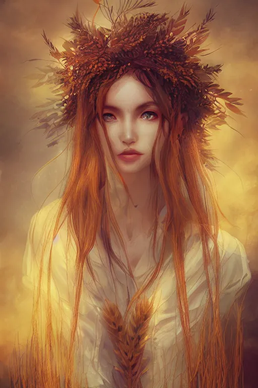 Image similar to The goddess of autumn harvest, tranquility, beautiful face, long hair, wearing wheat yellow gauze, comic style, virtual engine, 3D, sense of atmosphere, goddess, by wlop