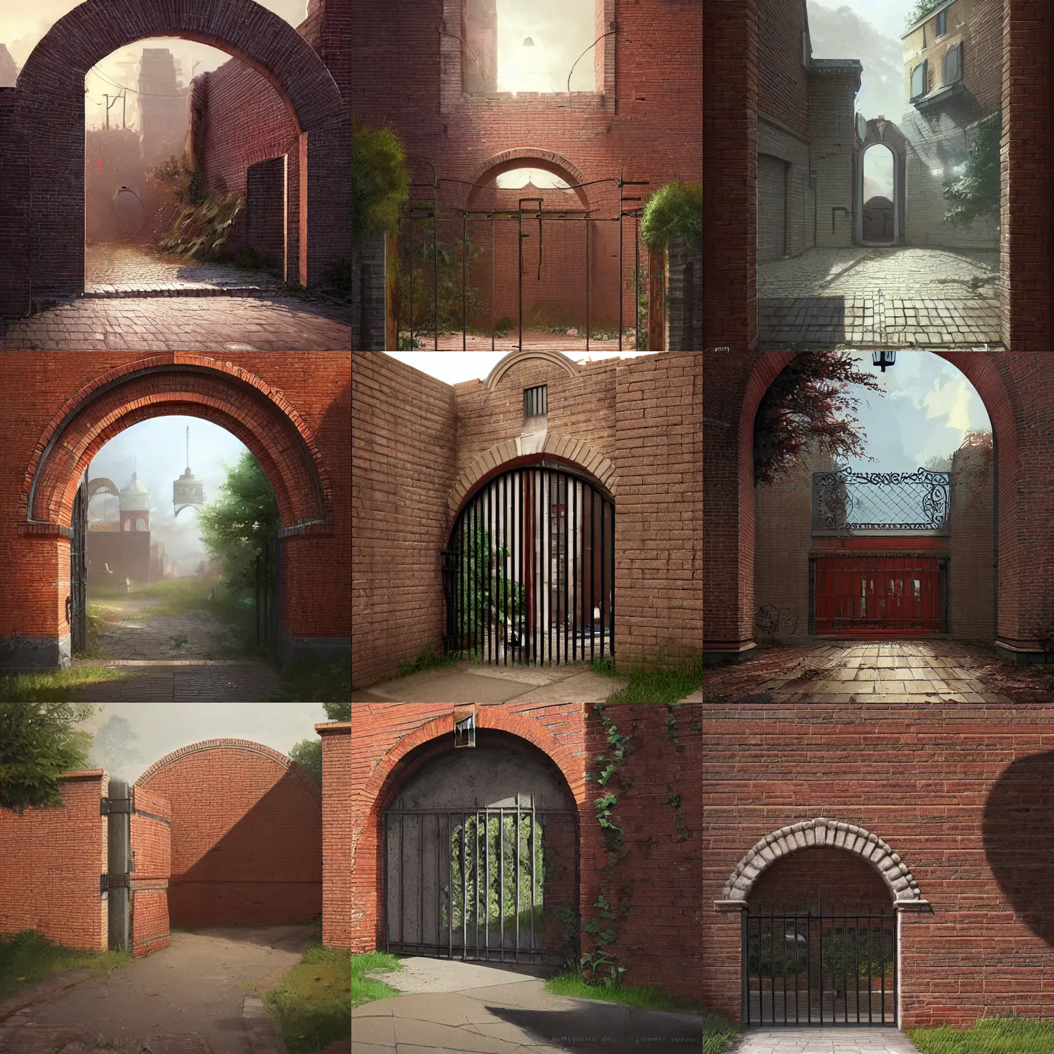 Prompt: brick wall with a circular gate leading into a suburban street. framed, centralized urban fantasy, high detailed digital art trending in artstation. artist greg rutkowski