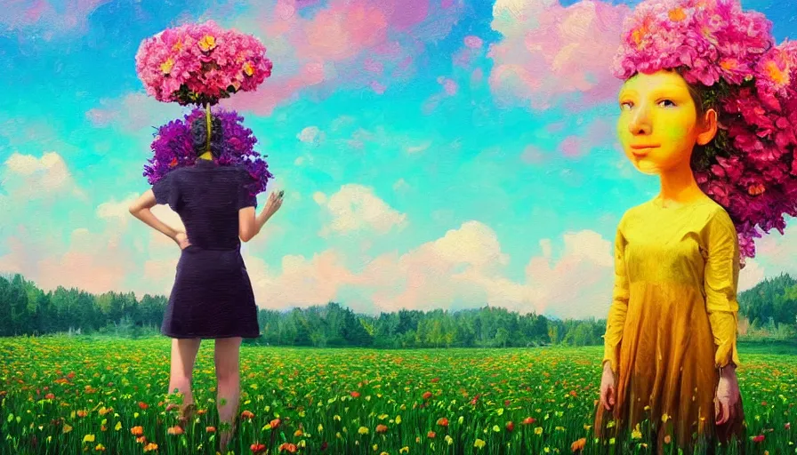 Image similar to girl with a huge flower as a face, surreal photography, dream, standing in flower field, hills, big trees, sunrise dramatic light, impressionist painting, colorful clouds, digital painting, pointillism, artstation, simon stalenhag, flower face