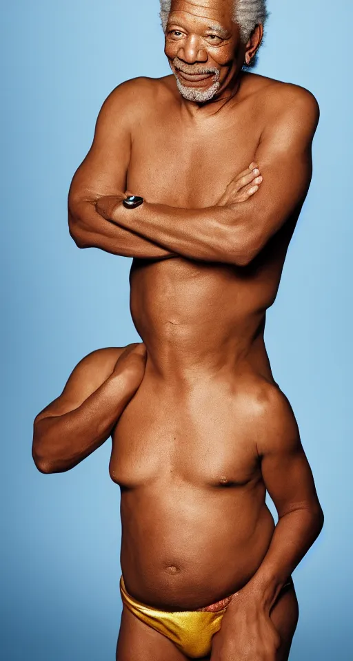 Image similar to 8 k studio photo of morgan freeman posing in bikini, studio lighting, golden background