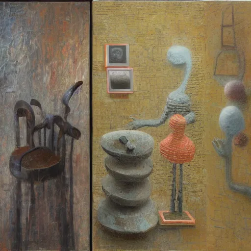 Image similar to a detailed, impasto painting by shaun tan and louise bourgeois of an abstract forgotten sculpture by ivan seal and the caretaker, memory loss