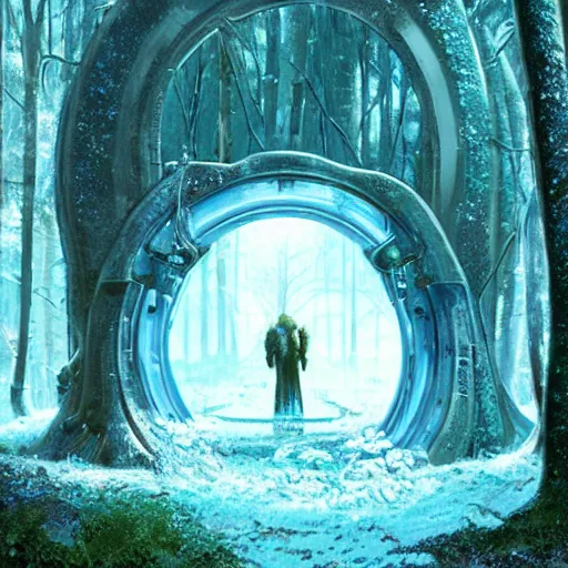Image similar to frozen derelict portal in a middle of a snowy lush futuristic forest, green lush world seen only through a portal, daylight, cinematic lighting, blue sky, syd mead, john harris