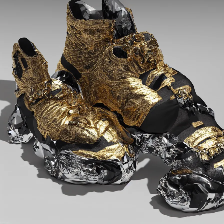 Image similar to futuristic balenciaga sneakers, nft art, highly detailed, hyper realistic, a ton of bussdown iced gold bling in wallace & gromit strata - cut claymation, ultra realistic, concept art, intricate details, serious, highly detailed, photorealistic, octane render, 8 k, unreal engine