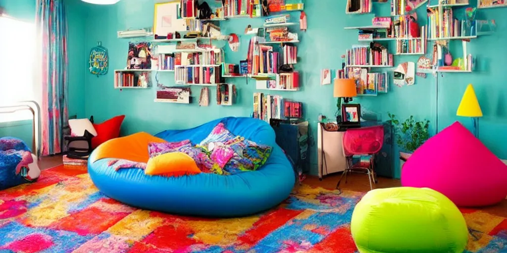 Image similar to a nostalgic teens room from the 90s with an inflatable chair, a bean bag chair, and lava lamps