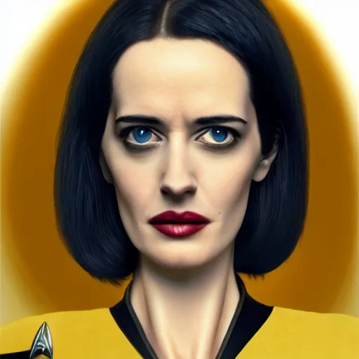 Image similar to a full body portrait of eva green as a star fleet officer from star trek next generation, ultra rendered, extreme realism and detail, 8 k, highly detailed, realistic, completely framed, hyper realistic, colorful, direct lighting, 3 5 mm photo, photorealistic, sharp focus