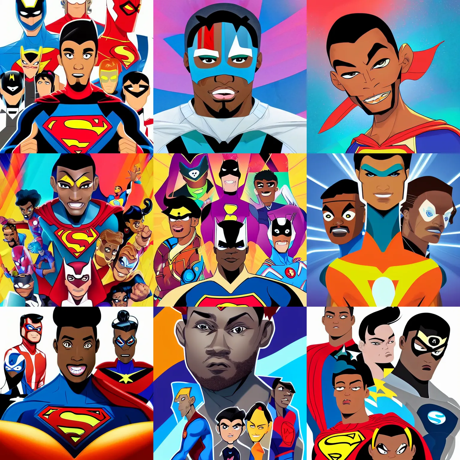Prompt: a young handsome 👨🏾‍🦲 superhero portrait photography illustration by milestone media and denys cowan and jim lee, symmetrical facial features, symmetrical proportions, epic composition, high energy, proud, colorful, white background, in the style of Teen Titans and Disney's the Proud Family, beautiful portrait, photorealistic, 32k, hd, cinematic lighting, uplight, leftlight, studio lighting,