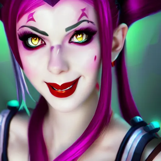 Image similar to jinx from league of legends portrait, cinematic