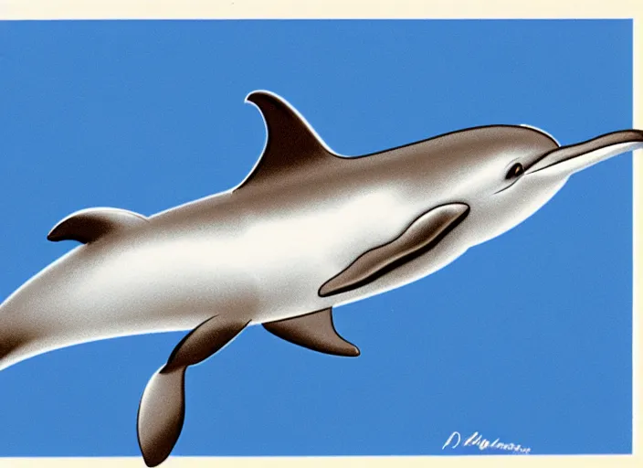 Prompt: professional 1980s airbrush illustration of a dolphin wearing a powdered wig