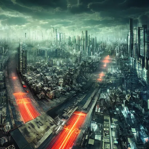 Image similar to terrifying nature destroying a dystopian city, cyberpunk, sharp focus, dynamic lights, still, photograph, hyper realistic, masterpiece, octane render, rendered, 3 d, cinematic, cinematic lighting, dramatic lighting, highly detailed, intricate details, texture, cinematic composition, by donglu yu and kevin jick and eddie del rio