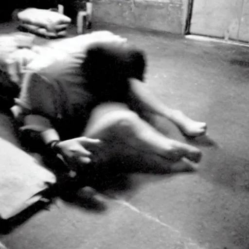 Prompt: creepy backrooms, creepy creature devouring the man on the floor, horror photo, photo from cctv footage, black and white