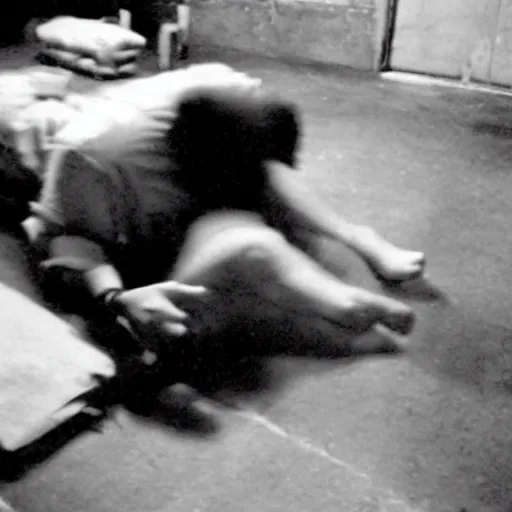 Image similar to creepy backrooms, creepy creature devouring the man on the floor, horror photo, photo from cctv footage, black and white