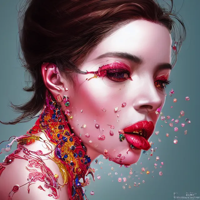 Image similar to studio portrait of absurdly beautiful, elegant, young hypercolorful woman made of rubies and red gems, ultrafine hyperrealistic detailed face illustration by kim jung gi, irakli nadar, intricate linework, sharp focus, bright colors, matte, octopath traveler, final fantasy, unreal engine highly rendered, global illumination, radiant light, intricate environment