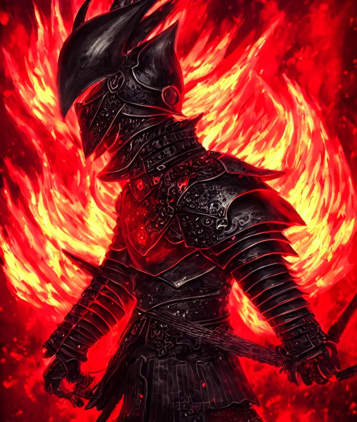 Image similar to a detailed manga character illustration of a dark warrior in black plated armour surrounded by red flames, trending on artstation, digital art, 4 k resolution, detailed, octane render, high quality, sharp focus, hq artwork, insane detail, concept art, character concept, character illustration, full body illustration