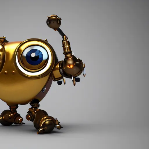 Image similar to a small chubby bot, smooth panelling, one large gold eye intricate detail, style of pokemon, with damaged rusty arms, broken antenna, recycled, floating, white studio, oil, mechanical, toy, ambient light, in the style of pokedstudios, belnder, octane render, 8 k,