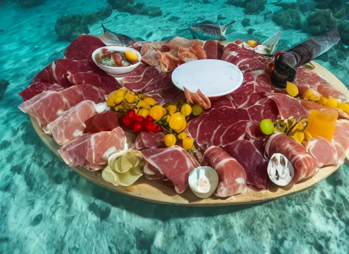 Image similar to underwater photo still of a great white shark looking at a charcuterie platter, 8 k