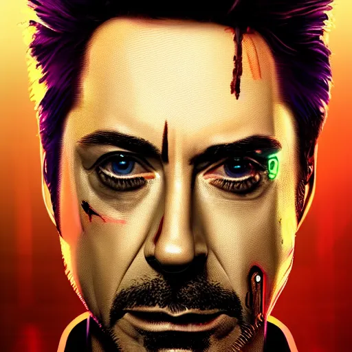 Prompt: robert downey jr portrait, Cyberpunk 2077, cyberpsycho, photorealistic, ultra detailed, neon, octane, bokeh, cyber, cyberpunk city, feature, scars, cyberface, 8k