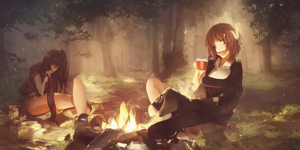 Image similar to An anime girl by WLOP with short black hair and green eyes in a tan trenchcoat sitting on a log and drinking tea by the campfire by her motorcycle at night under the stars, elegant scene, wide angle, cinematic lighting, atmospheric, ultrarealistic, trending on artstation, cgsociety, highly detailed, color graded, in the style of craig mullins, rendered in Unreal Engine 4k HQ, horizon forbidden west